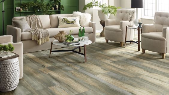 rustic wood look tile flooring in an inviting living room